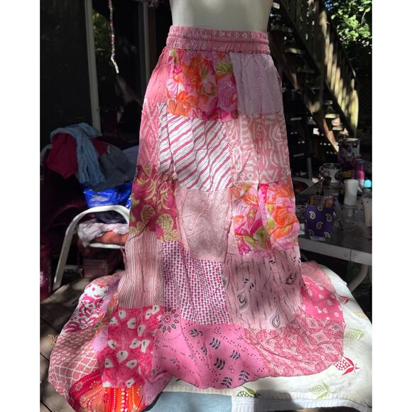 INDIA BOUTIQUE Pink Patchwork 6 Tiered Maxi Skirt Free Size 100% Rayon - Picture 3 of 5